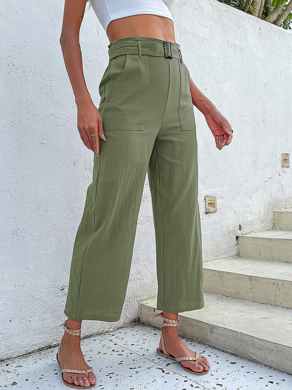 Women's Solid Color Belted Crop Wide-leg Pants