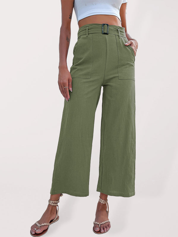 Women's Solid Color Belted Crop Wide-leg Pants