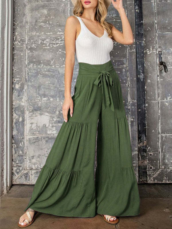 Women's woven strap elastic waist this kind of wide-leg A-type casual trousers