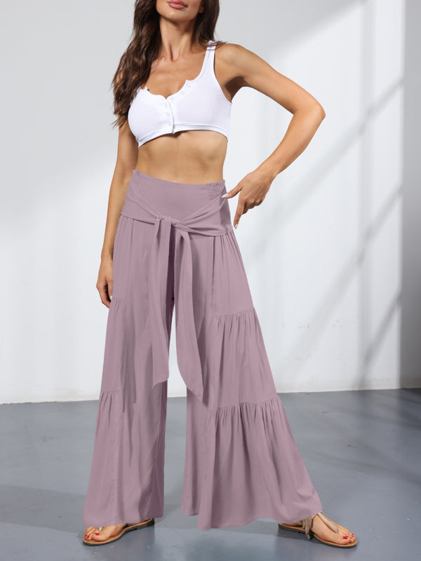 Women's woven strap elastic waist this kind of wide-leg A-type casual trousers