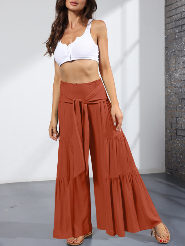 Women's woven strap elastic waist this kind of wide-leg A-type casual trousers