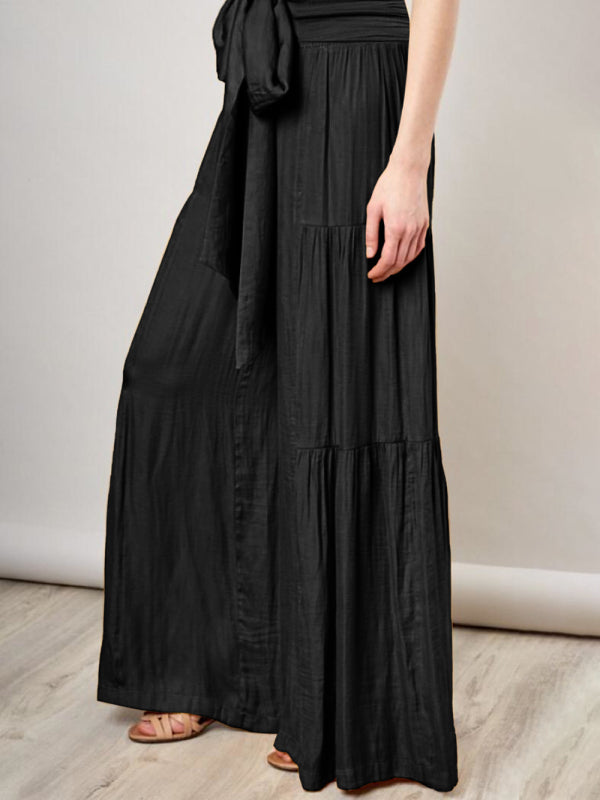 Women's woven strap elastic waist this kind of wide-leg A-type casual trousers