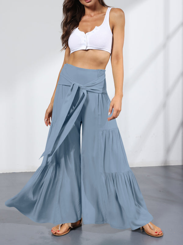 Women's woven strap elastic waist this kind of wide-leg A-type casual trousers