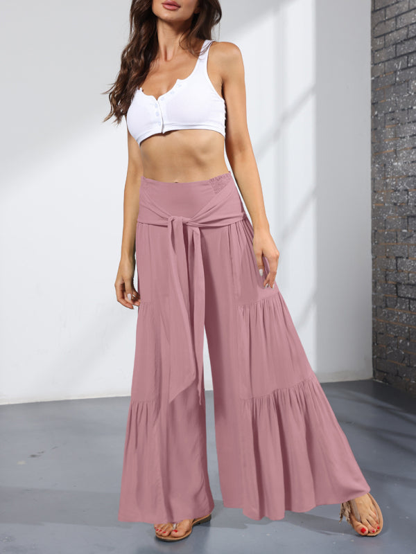 Women's woven strap elastic waist this kind of wide-leg A-type casual trousers