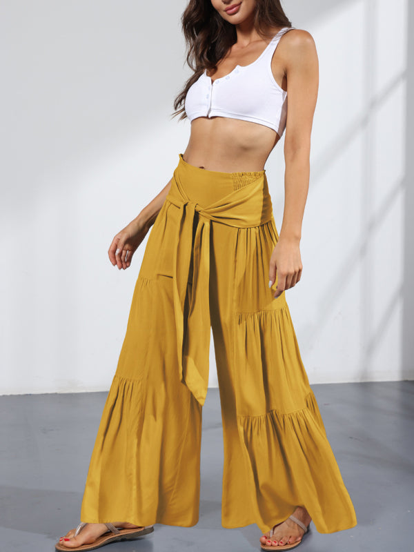 Women's woven strap elastic waist this kind of wide-leg A-type casual trousers