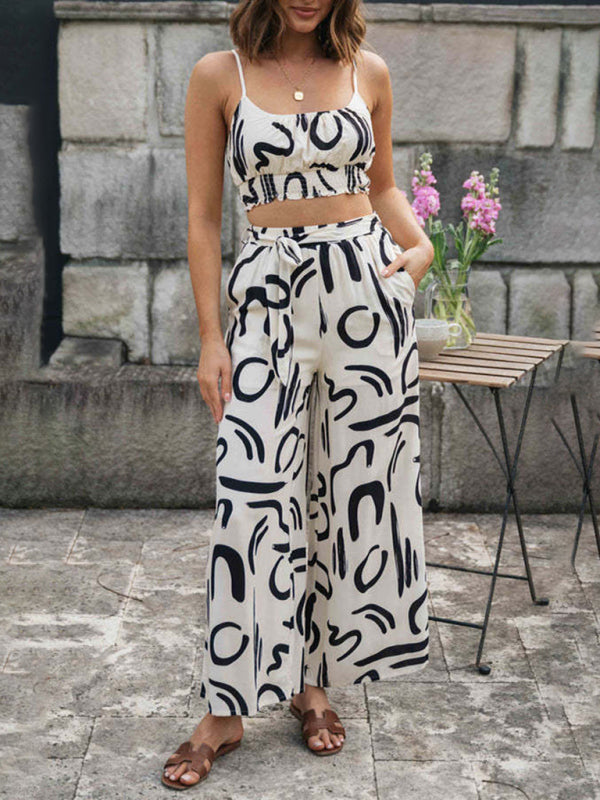 Two Piece Set - Pprinted Sleeveless Suspender Top and Long Wide Leg Pants