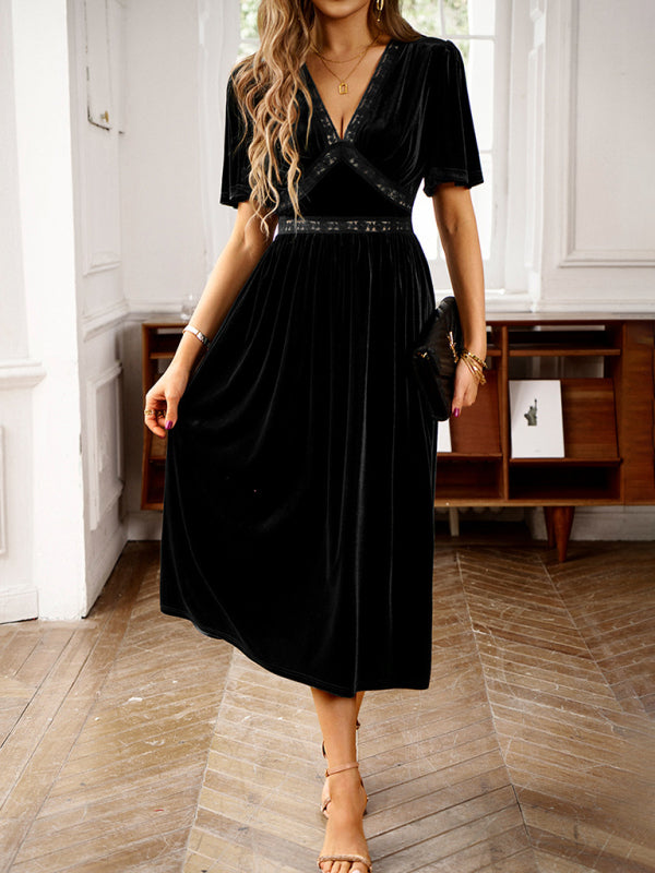 Everyday Dress - Elegant V-neck Short Sleeved Velvet